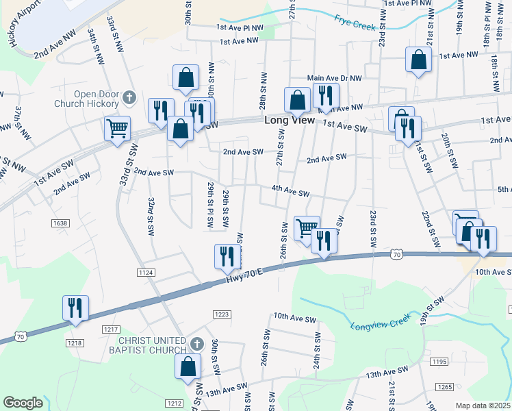map of restaurants, bars, coffee shops, grocery stores, and more near 440 27th Street Place Southwest in Hickory