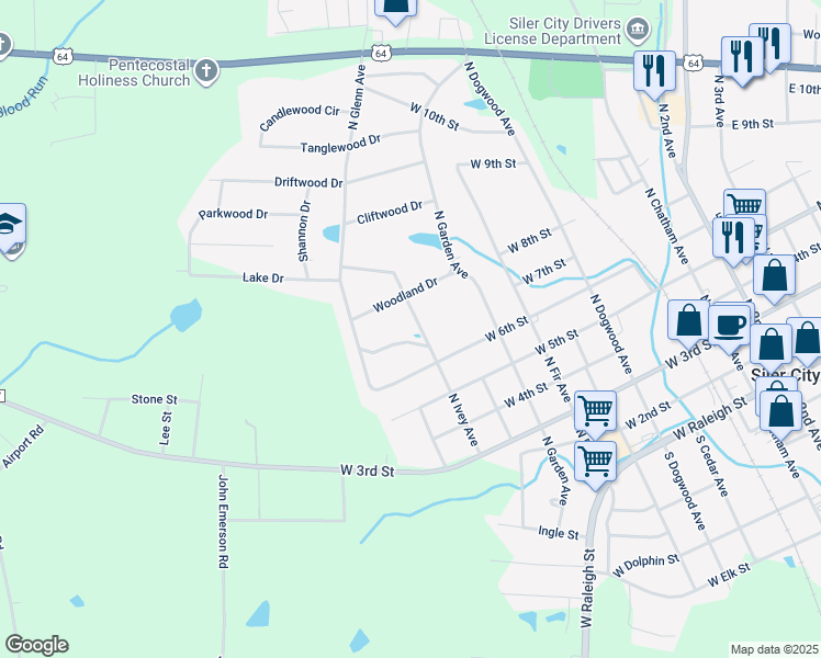 map of restaurants, bars, coffee shops, grocery stores, and more near 609 North Ivey Avenue in Siler City