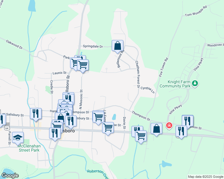 map of restaurants, bars, coffee shops, grocery stores, and more near 365 Thompson Street in Pittsboro