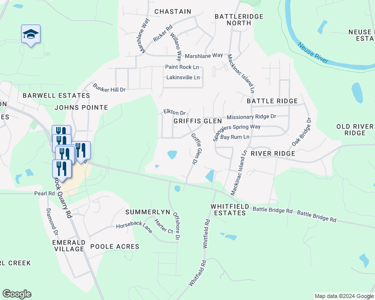 map of restaurants, bars, coffee shops, grocery stores, and more near 6604 Frogstool Lane in Raleigh