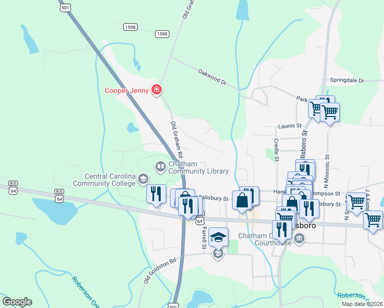 map of restaurants, bars, coffee shops, grocery stores, and more near 43 West Field Street in Pittsboro