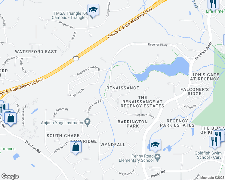 map of restaurants, bars, coffee shops, grocery stores, and more near 83 Highclere Lane in Cary