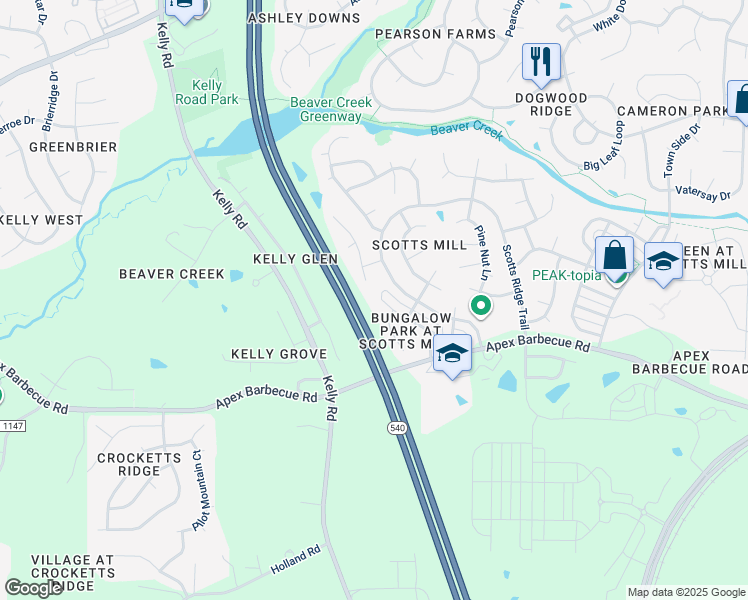 map of restaurants, bars, coffee shops, grocery stores, and more near 1000 Bungalow Park Drive in Apex