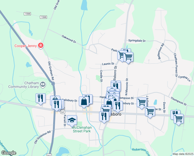 map of restaurants, bars, coffee shops, grocery stores, and more near 309 Credle Street in Pittsboro