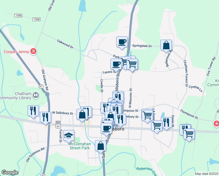 map of restaurants, bars, coffee shops, grocery stores, and more near 55 Lindsey Street in Pittsboro