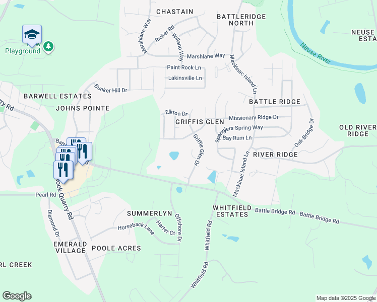 map of restaurants, bars, coffee shops, grocery stores, and more near 4156 Dalcross Road in Raleigh
