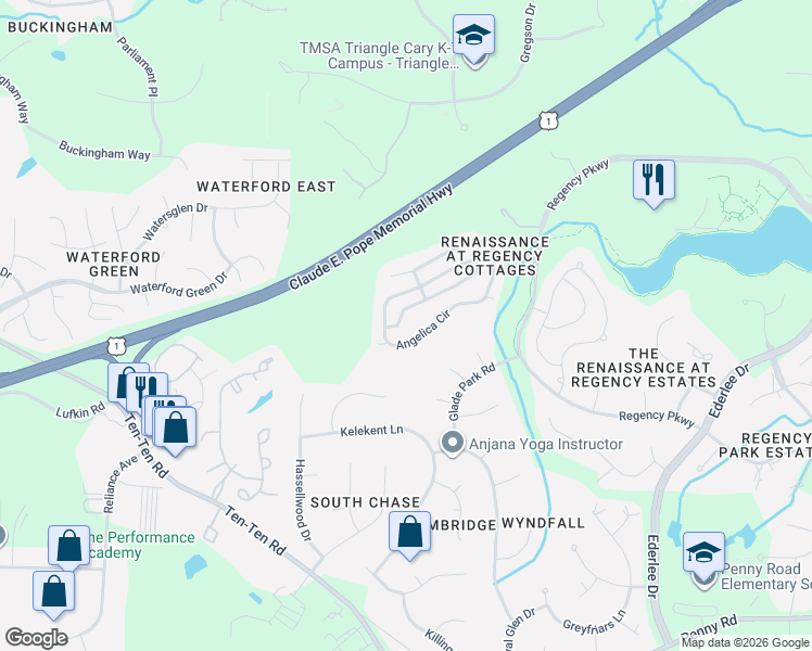 map of restaurants, bars, coffee shops, grocery stores, and more near 1355 English Cottage Lane in Cary