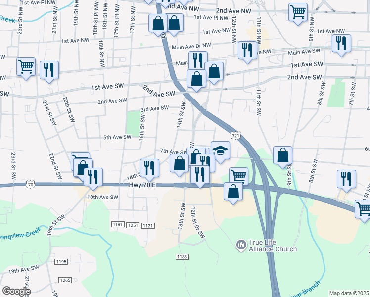 map of restaurants, bars, coffee shops, grocery stores, and more near 528 13th Street Southwest in Hickory