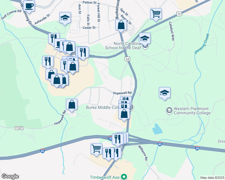 map of restaurants, bars, coffee shops, grocery stores, and more near 201 Henredon Road in Morganton