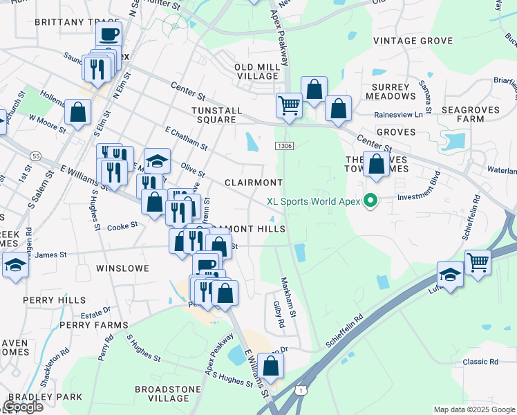 map of restaurants, bars, coffee shops, grocery stores, and more near 902 Olive Street in Apex