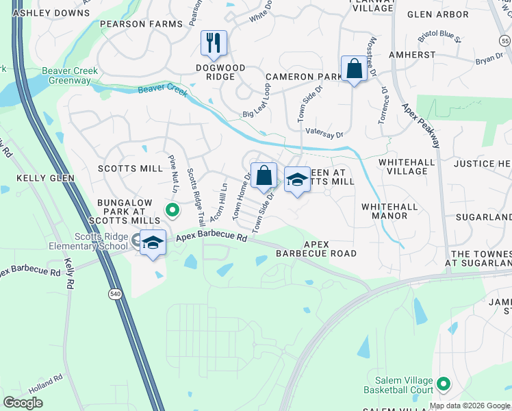 map of restaurants, bars, coffee shops, grocery stores, and more near 419 Heritage Village Lane in Apex