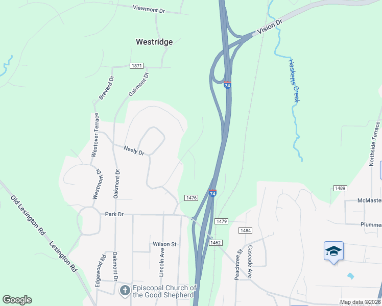 map of restaurants, bars, coffee shops, grocery stores, and more near 1426 Thayer Drive in Asheboro