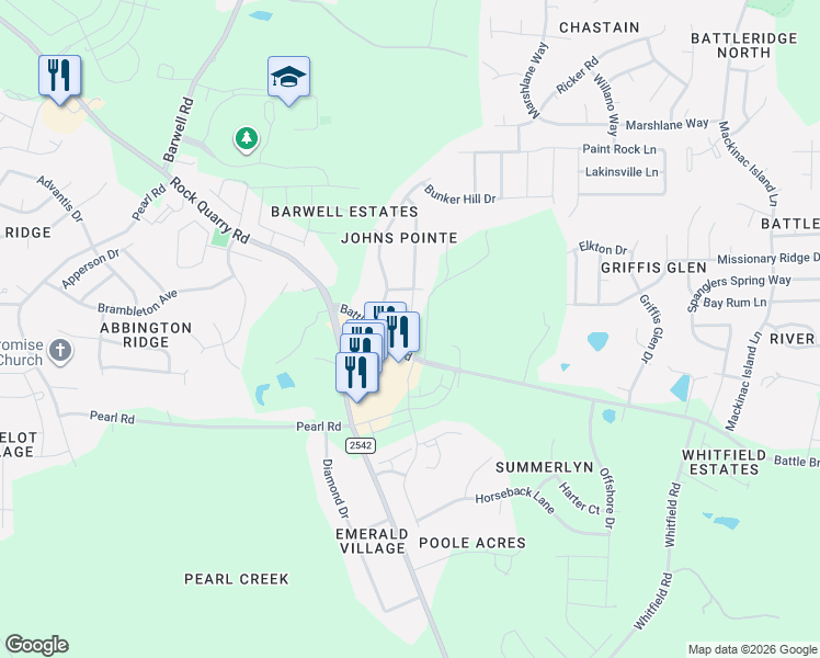 map of restaurants, bars, coffee shops, grocery stores, and more near 4017 Patriot Ridge Court in Raleigh