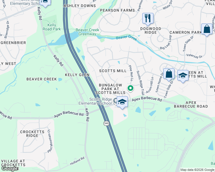 map of restaurants, bars, coffee shops, grocery stores, and more near 1042 Scotts Ridge Trail in Apex
