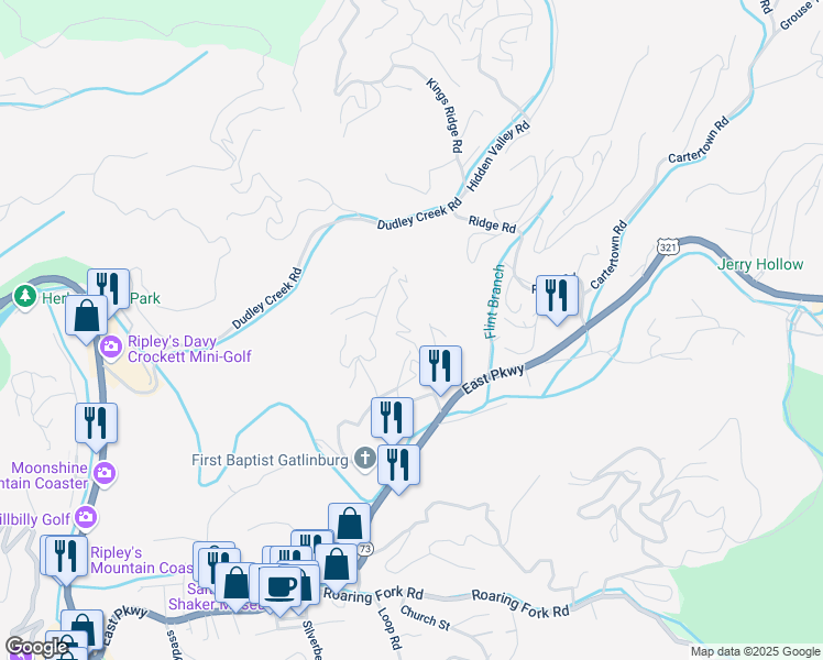 map of restaurants, bars, coffee shops, grocery stores, and more near 255 Laurel Oaks Way in Gatlinburg