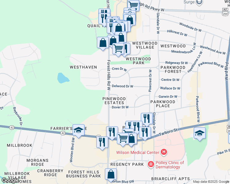 map of restaurants, bars, coffee shops, grocery stores, and more near 1916 Stafford Drive West in Wilson