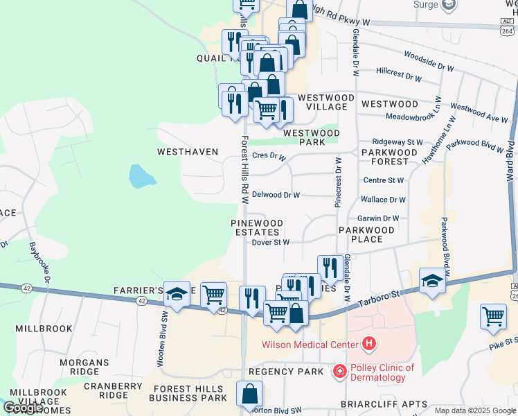map of restaurants, bars, coffee shops, grocery stores, and more near 1916 Stafford Drive West in Wilson