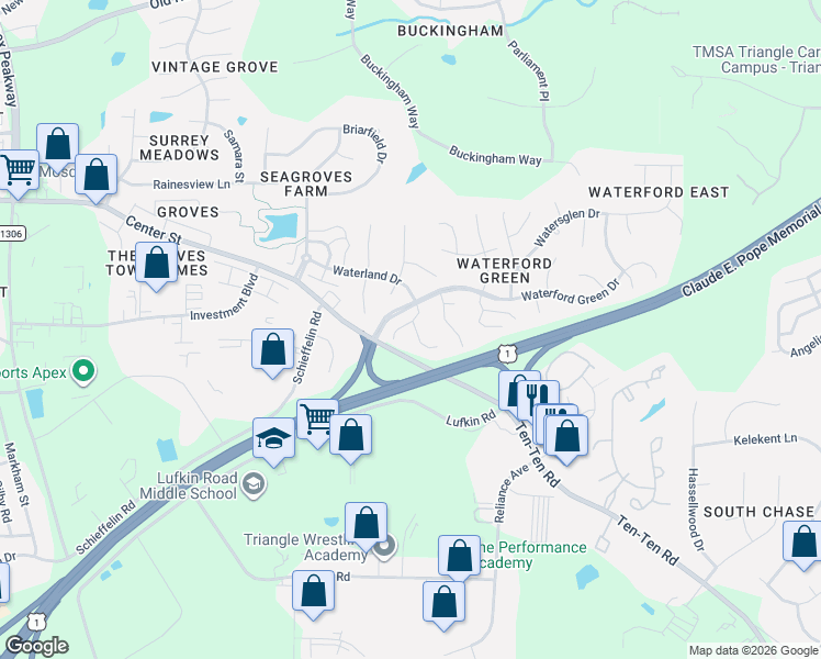 map of restaurants, bars, coffee shops, grocery stores, and more near 1802 Misty Hollow Lane in Apex