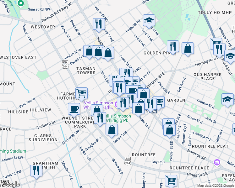map of restaurants, bars, coffee shops, grocery stores, and more near 123 Barnes Street West in Wilson