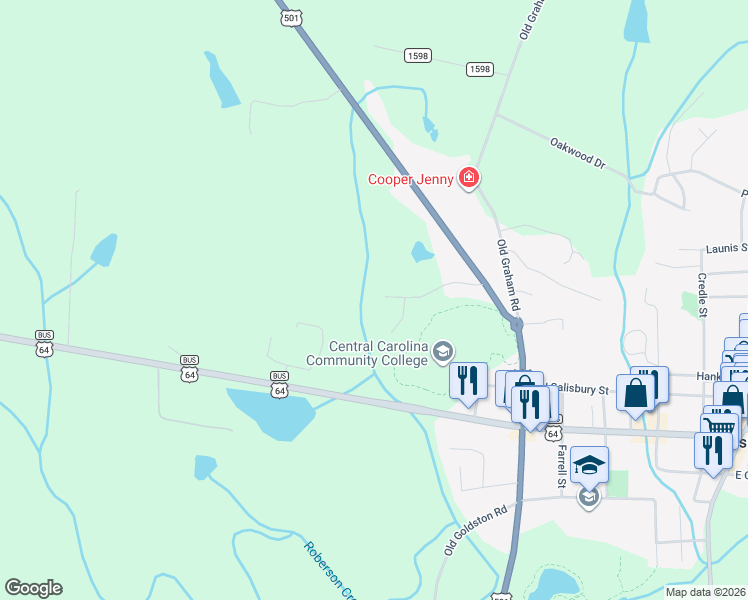 map of restaurants, bars, coffee shops, grocery stores, and more near 216 Ashford Drive in Pittsboro