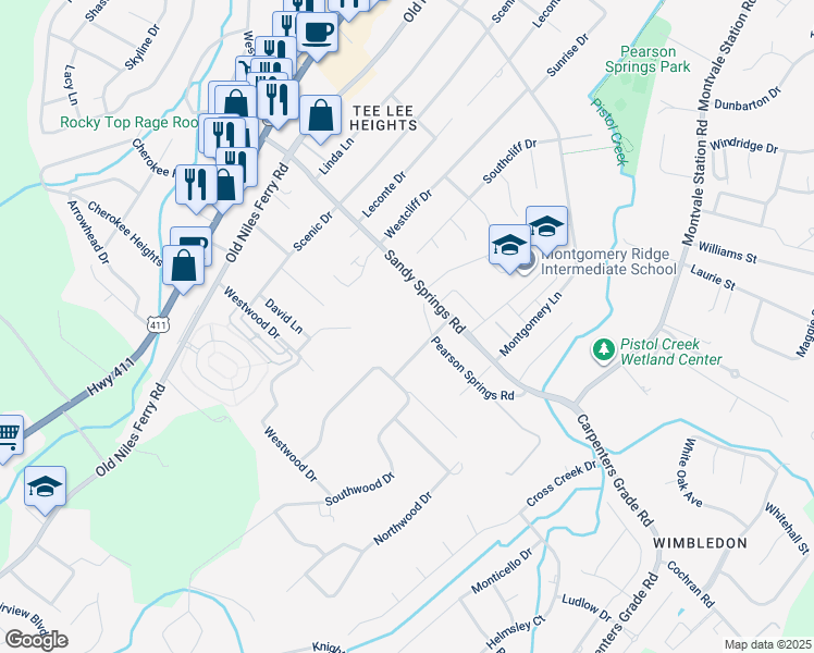map of restaurants, bars, coffee shops, grocery stores, and more near 429 Sandy Springs Road in Maryville