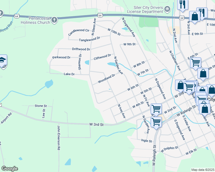 map of restaurants, bars, coffee shops, grocery stores, and more near 609 North Ivey Avenue in Siler City