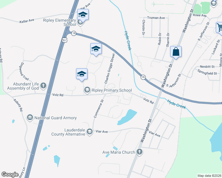 map of restaurants, bars, coffee shops, grocery stores, and more near 309 Charles Griggs Street in Ripley