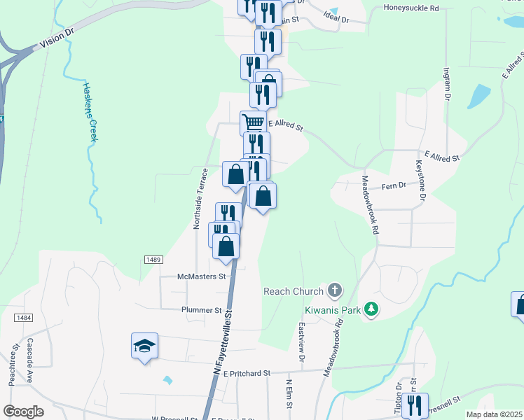 map of restaurants, bars, coffee shops, grocery stores, and more near 1200 North Fayetteville Street in Asheboro
