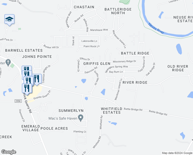 map of restaurants, bars, coffee shops, grocery stores, and more near 3932 Griffis Glen Drive in Raleigh