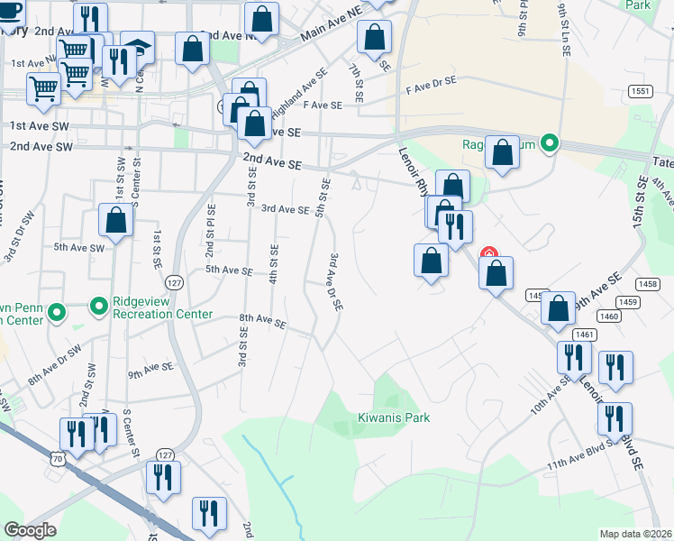 map of restaurants, bars, coffee shops, grocery stores, and more near 301-499 3rd Ave Dr SE in Hickory
