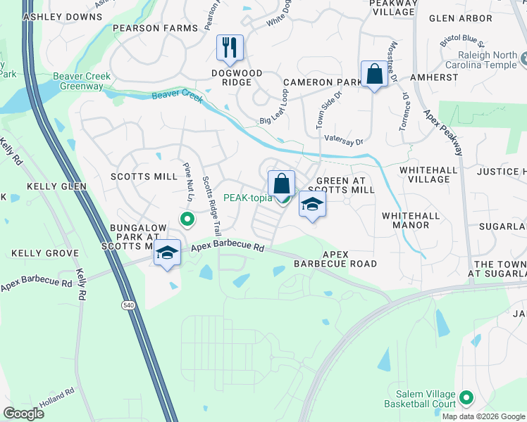 map of restaurants, bars, coffee shops, grocery stores, and more near 416 Heritage Village Lane in Apex