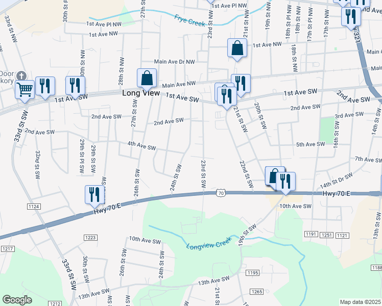 map of restaurants, bars, coffee shops, grocery stores, and more near 340 24th Street Northwest in Hickory