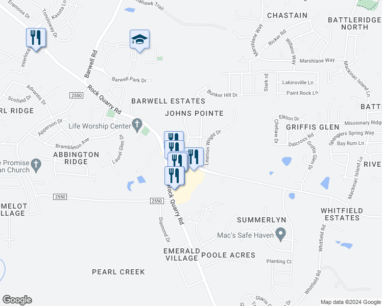 map of restaurants, bars, coffee shops, grocery stores, and more near 4038 Patriot Ridge Court in Raleigh