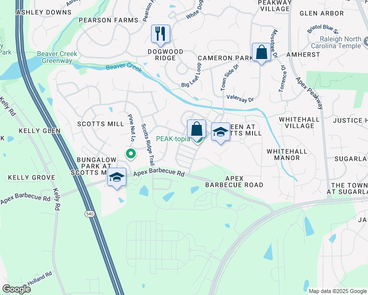 map of restaurants, bars, coffee shops, grocery stores, and more near 416 Heritage Village Lane in Apex