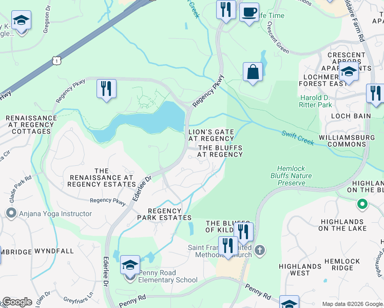 map of restaurants, bars, coffee shops, grocery stores, and more near 116 Tiercel Court in Cary