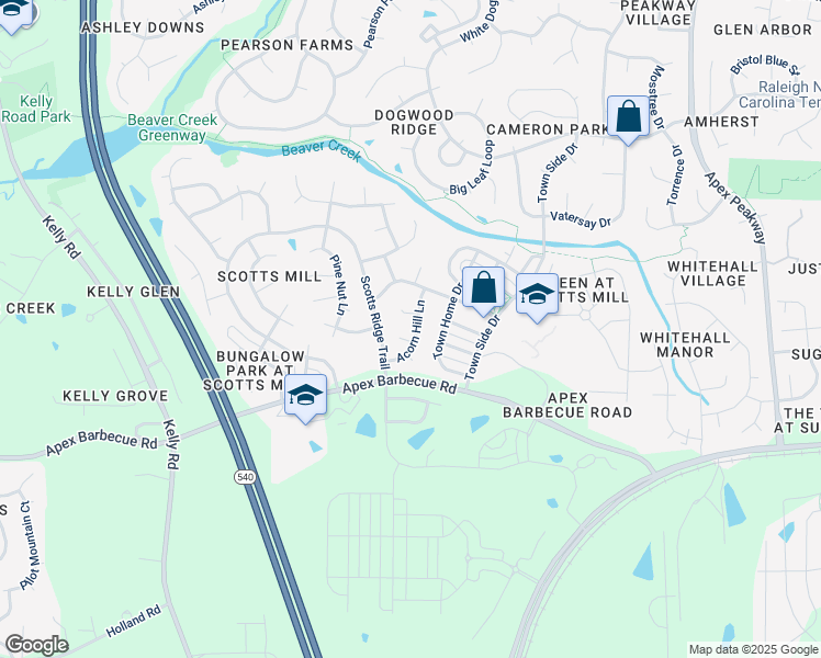 map of restaurants, bars, coffee shops, grocery stores, and more near 203 Acorn Hill Lane in Apex