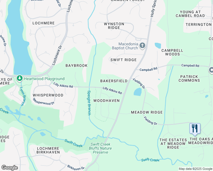 map of restaurants, bars, coffee shops, grocery stores, and more near 5001 Lilly Atkins Road in Cary