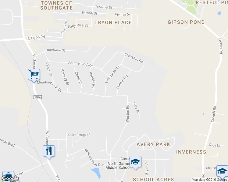 map of restaurants, bars, coffee shops, grocery stores, and more near 503 Corwin Road in Garner