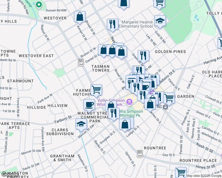 map of restaurants, bars, coffee shops, grocery stores, and more near 211 Kenan Street West in Wilson