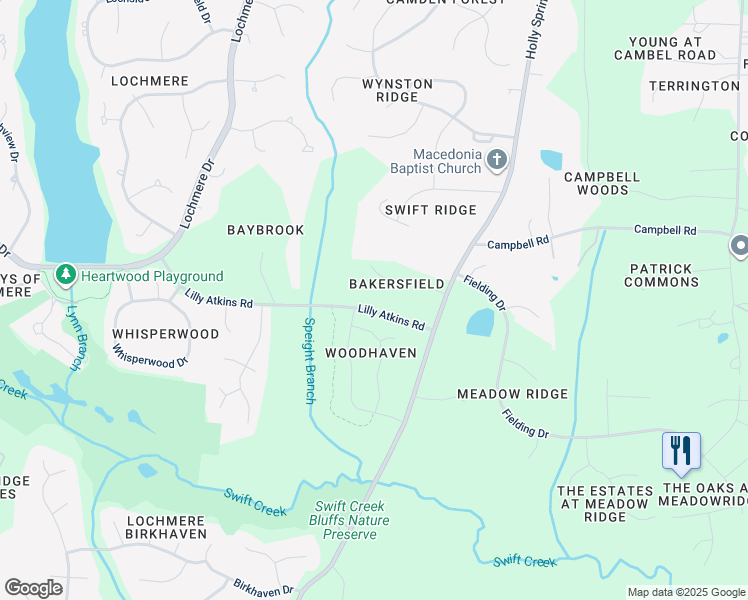 map of restaurants, bars, coffee shops, grocery stores, and more near 5001 Lilly Atkins Road in Cary
