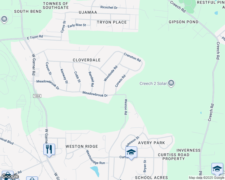 map of restaurants, bars, coffee shops, grocery stores, and more near 503 Corwin Road in Garner