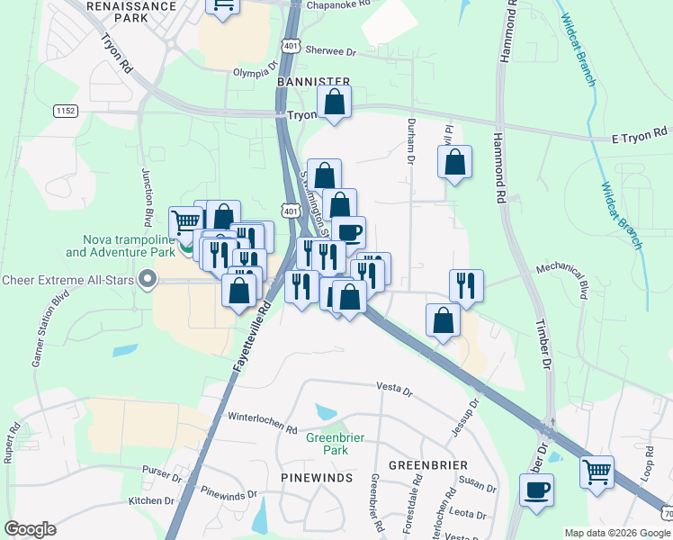 map of restaurants, bars, coffee shops, grocery stores, and more near 2932 North Carolina 50 in Garner