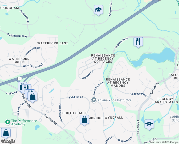 map of restaurants, bars, coffee shops, grocery stores, and more near 1355 English Cottage Lane in Cary