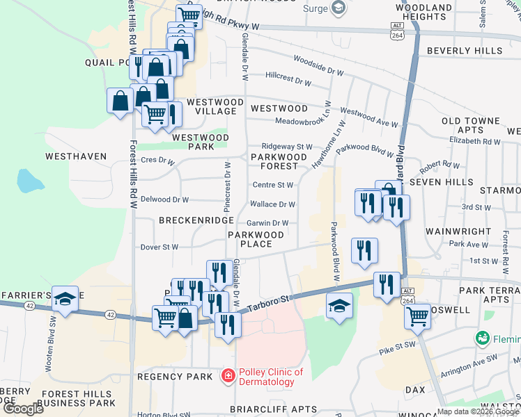 map of restaurants, bars, coffee shops, grocery stores, and more near 1715 Wallace Drive West in Wilson