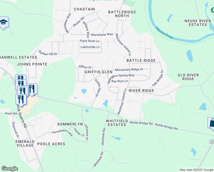 map of restaurants, bars, coffee shops, grocery stores, and more near 6915 Spanglers Spring Way in Raleigh