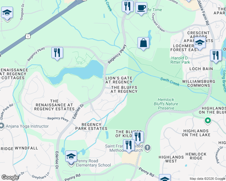 map of restaurants, bars, coffee shops, grocery stores, and more near 116 Tiercel Court in Cary