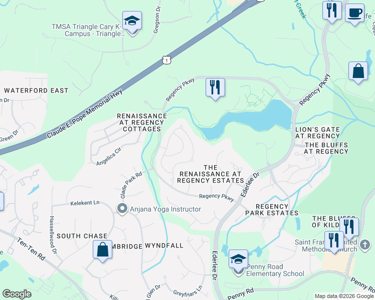 map of restaurants, bars, coffee shops, grocery stores, and more near 222 Michelangelo Way in Cary