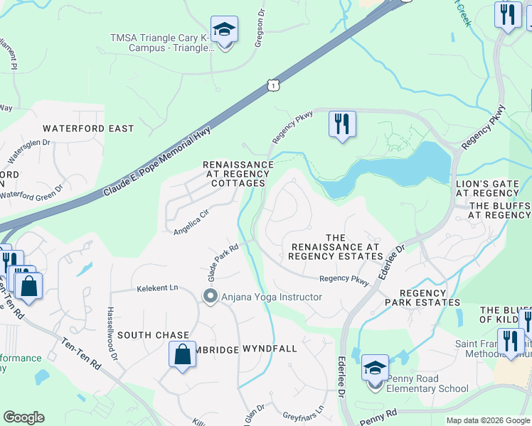 map of restaurants, bars, coffee shops, grocery stores, and more near 402 Michelangelo Way in Cary