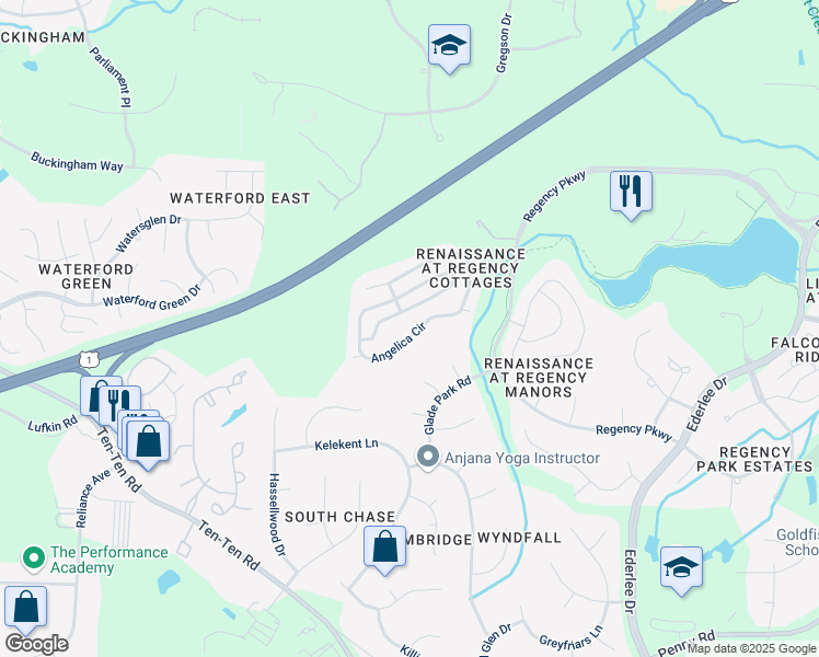 map of restaurants, bars, coffee shops, grocery stores, and more near 1355 English Cottage Lane in Cary