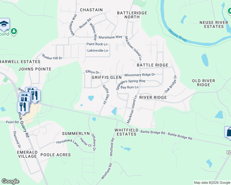 map of restaurants, bars, coffee shops, grocery stores, and more near 6915 Spanglers Spring Way in Raleigh